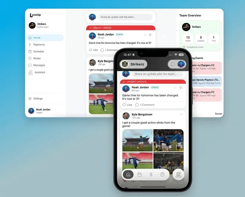 LyneUp app preview thumbnail showing the team feed, schedule, and chat
