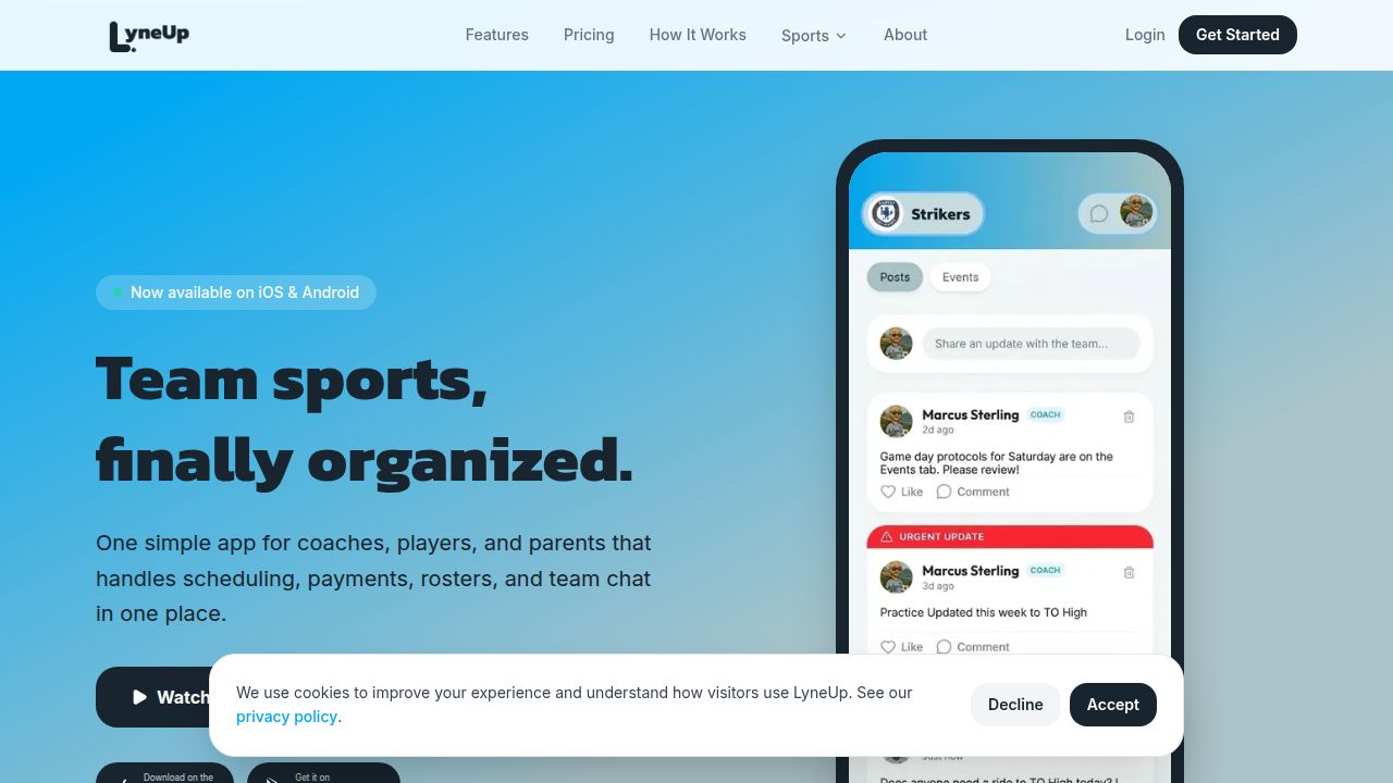 Linmo App LyneUp: Team Sports Management App | Scheduling, Payments & Rosters